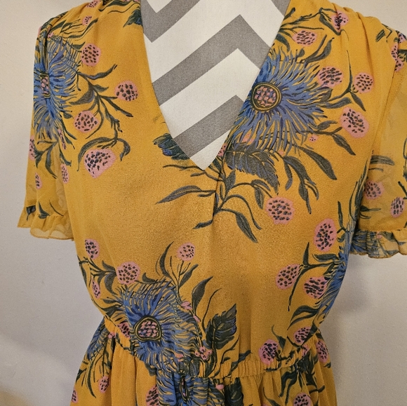 Madewell V-Neck Ruffle Flutter Sleeve Floral Boho Mini Dress Yellow Blue Size 6 - Picture 4 of 8